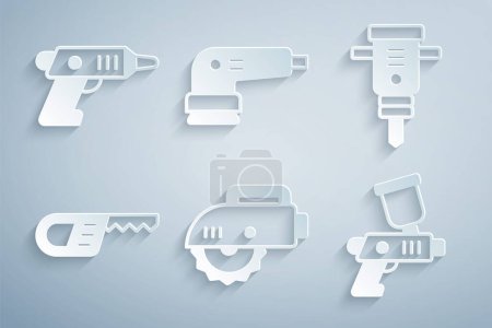 Illustration for Set Electric circular saw, Construction jackhammer, Reciprocating, Paint spray gun, sander and cordless screwdriver icon. Vector - Royalty Free Image