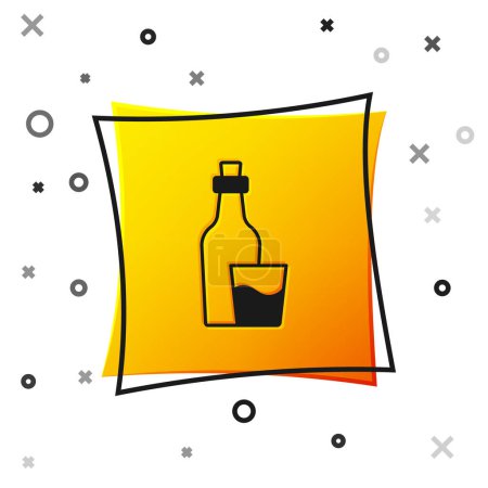 Illustration for Black Soju bottle icon isolated on white background. Korean rice vodka. Yellow square button. Vector - Royalty Free Image