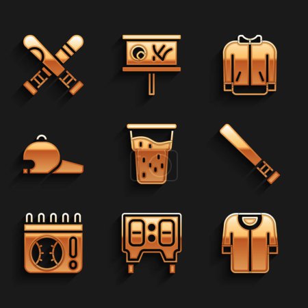 Illustration for Set Glass of beer, Baseball mechanical scoreboard, t-shirt, bat, Calendar with baseball game, cap,  and Crossed icon. Vector - Royalty Free Image