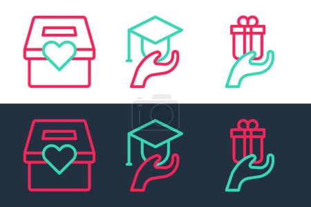 Illustration for Set line Give gift, Donation and charity and Education grant icon. Vector - Royalty Free Image
