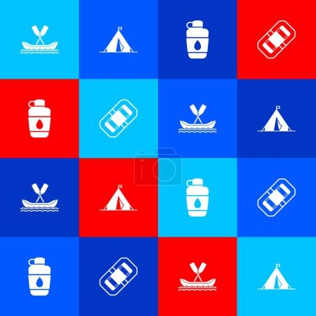 Illustration for Set Rafting boat, Tourist tent with flag, Canteen water bottle and  icon. Vector. - Royalty Free Image