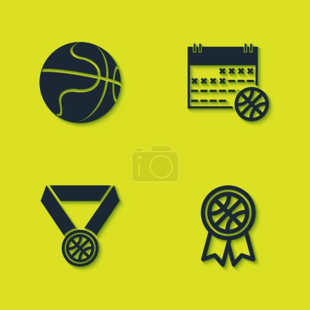 Téléchargez les illustrations : Set Basketball ball, prix, médaille et sur l'icône du calendrier sportif. Vecteur. - en licence libre de droit