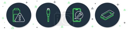 Illustration for Set line USB cable cord, Mobile service, Smartphone battery charge and Glass screen protector icon. Vector - Royalty Free Image