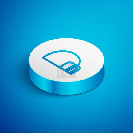Illustration for Isometric line Igloo ice house icon isolated on blue background. Snow home, Eskimo dome-shaped hut winter shelter, made of blocks. White circle button. Vector. - Royalty Free Image