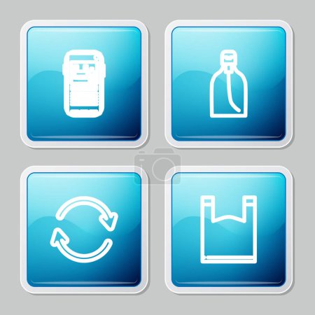 Ilustración de Set line Detener la contaminación plástica, Botella de jabón líquido, Refrescar y bolsa de plástico icono. Vector. - Imagen libre de derechos