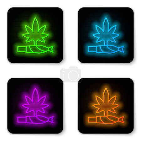 Illustration for Glowing neon line Marijuana joint, spliff icon isolated on white background. Cigarette with drug, marijuana cigarette rolled. Black square button. Vector - Royalty Free Image