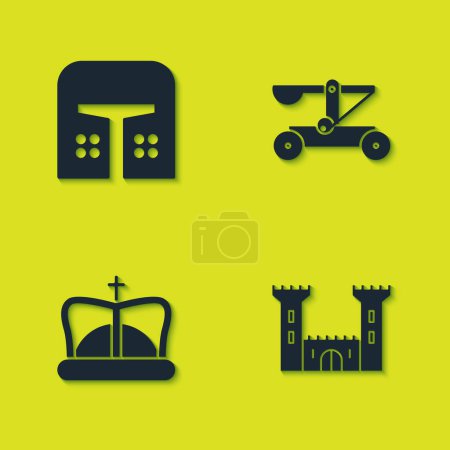 Illustration for Set Medieval iron helmet, Castle, King crown and Catapult shooting stones icon. Vector. - Royalty Free Image
