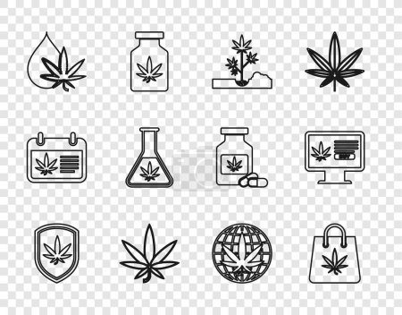 Illustration for Set line Shield and marijuana Shopping bag of Planting Marijuana or cannabis leaf oil Test tube with Legalize and Online buying icon. Vector. - Royalty Free Image