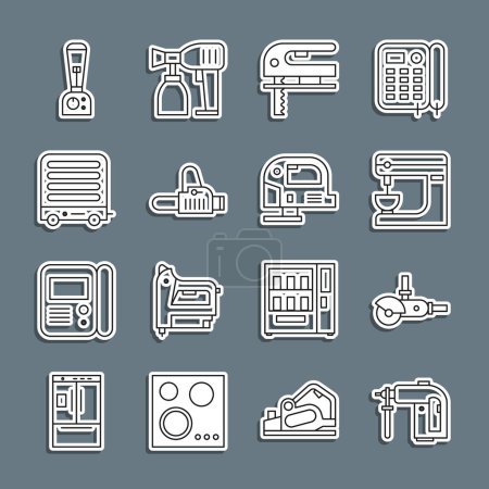Illustration for Set line Rotary hammer drill machine Angle grinder Electric mixer jigsaw Chainsaw heater Blender and icon. Vector. - Royalty Free Image