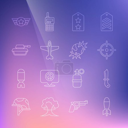 Illustration for Set line Rocket launcher Military knife Target sport rank Plane tank Star American military and Bomb explosive planet earth icon. Vector. - Royalty Free Image