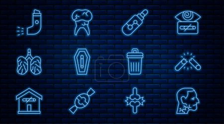 Illustration for Set line Throat cancer Broken cigarette Electronic Death from smoking Disease lungs Inhaler Trash and Tooth with caries icon. Vector. - Royalty Free Image