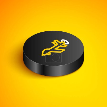 Illustration for Isometric line UAV Drone icon isolated on yellow background. Military Unmanned aircraft spy. Black circle button. Vector. - Royalty Free Image