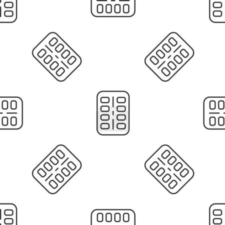 Téléchargez les illustrations : Grey line Nicotine gum in blister pack icon isolated seamless pattern on white background. Helps calm cravings and reduces anxiety caused by quitting smoking. Vector. - en licence libre de droit