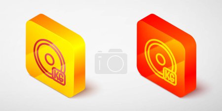 Illustration for Isometric line Weight plate icon isolated on grey background. Equipment for bodybuilding sport, workout exercise and fitness. Yellow and orange square button. Vector. - Royalty Free Image