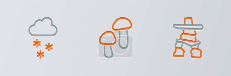 Illustration for Set line Inukshuk Cloud with snow and Mushroom icon. Vector. - Royalty Free Image