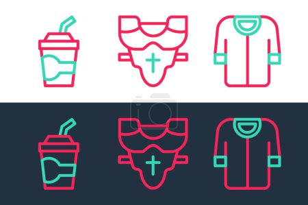 Illustration for Set line Baseball t-shirt Paper glass with water and Player chest protector icon. Vector. - Royalty Free Image