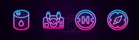 Illustration for Set line Barrel oil, Aircraft steering helm, Helicopter landing pad and Compass. Glowing neon icon. Vector. - Royalty Free Image