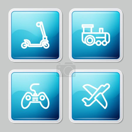 Téléchargez les illustrations : Set line Roller scooter Toy train Gamepad et icône de l'avion. Vecteur. - en licence libre de droit