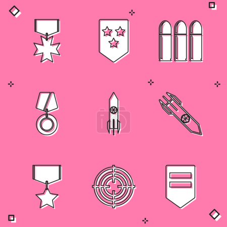 Illustration for Set Military reward medal, Chevron, Bullet, Nuclear rocket,  and Target sport icon. Vector - Royalty Free Image
