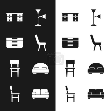Set Armchair, Chest of drawers, Office desk, Floor lamp, Chair, Big bed, Sofa and  icon. Vector