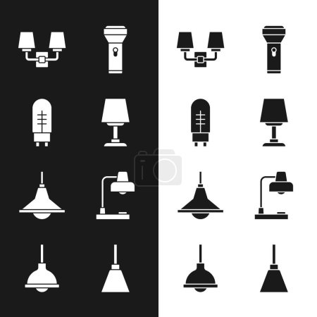 Set Table lamp, Light emitting diode, Wall or sconce, Flashlight, Chandelier,  and Lamp hanging icon. Vector