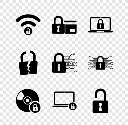 Illustration for Set Wifi locked, Credit card with, Laptop and, CD or DVD disk, and Open padlock icon. Vector - Royalty Free Image