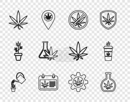 Set line Watering can marijuana, Test tube with, Stop, Calendar and, Marijuana or cannabis leaf,  and Cup coffee icon. Vector