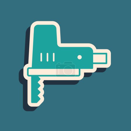 Illustration for Green Electric jigsaw with steel sharp blade icon isolated on green background. Power tool for woodwork. Long shadow style. Vector - Royalty Free Image
