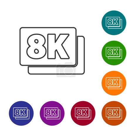 Illustration for Black line 8k Ultra HD icon isolated on white background. Set icons in color circle buttons. Vector. - Royalty Free Image