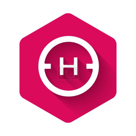 Illustration for White Helicopter landing pad icon isolated with long shadow background. Helipad, area, platform, H letter. Pink hexagon button. Vector - Royalty Free Image