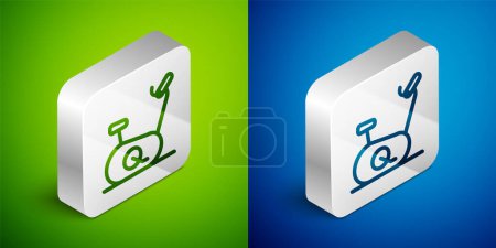 Illustration for Isometric line Stationary bicycle icon isolated on green and blue background. Exercise bike. Silver square button. Vector - Royalty Free Image