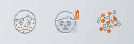 Illustration for Set line Medicine pill or tablet, Face with psoriasis eczema and Fatigue icon. Vector - Royalty Free Image