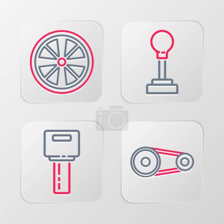 Ilustración de Set line Kit de correa de sincronización, llave del coche con mando a distancia, cambiador de marchas e icono de la rueda de aleación. Vector - Imagen libre de derechos