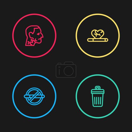 Illustration for Set line No smoking, Trash can, Heart disease with and Throat cancer icon. Vector - Royalty Free Image