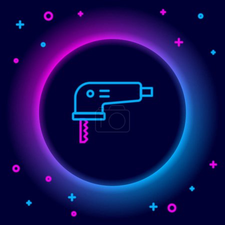 Illustration for Glowing neon line Electric jigsaw with steel sharp blade icon isolated on black background. Power tool for woodwork. Colorful outline concept. Vector - Royalty Free Image