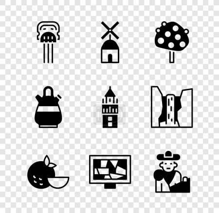 Illustration for Set Peineta, Windmill, Orange tree, fruit, Picture art, Bullfight, matador, Sangria pitcher and Giralda icon. Vector - Royalty Free Image