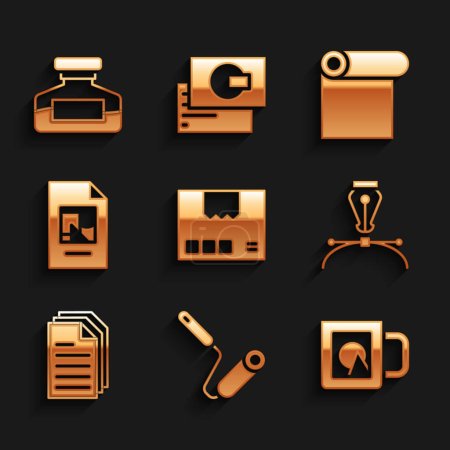 Set Carton cardboard box, Paint roller brush, Coffee cup, Fountain pen nib, File document, Roll paper and Ink bottle icon. Vector