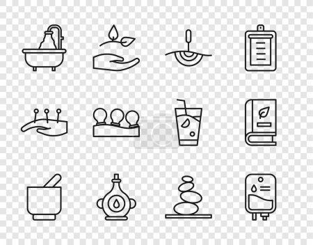Illustration for Set line Mortar and pestle, IV bag, Acupuncture therapy, Oil bottle, Bathtub, Vacuum cans, Stack hot stones and Medical book icon. Vector - Royalty Free Image