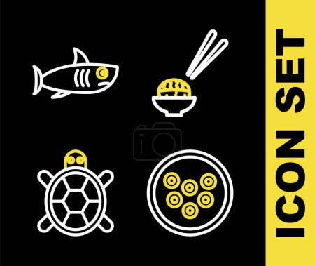 Ilustración de Establecer línea de sushi, caviar en un plato, tortuga y tiburón icono. Vector - Imagen libre de derechos