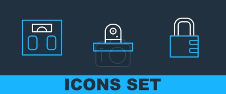 Illustration for Set line Safe combination lock, Bathroom scales and Security camera icon. Vector - Royalty Free Image