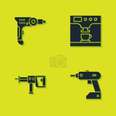Ilustración de Set Taladro eléctrico, destornillador inalámbrico, martillo giratorio e icono de café y taza. Vector. - Imagen libre de derechos