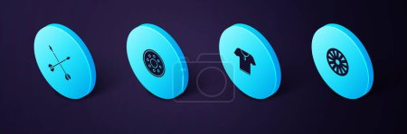 Illustration for Set Isometric Old wooden wheel, Body armor, Round shield and Medieval crossed arrows icon. Vector. - Royalty Free Image