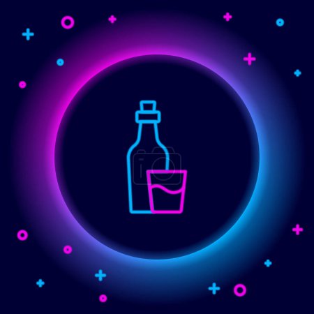 Illustration for Glowing neon line Soju bottle icon isolated on black background. Korean rice vodka. Colorful outline concept. Vector - Royalty Free Image