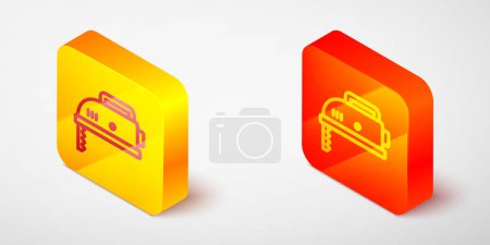 Illustration for Isometric line Electric jigsaw with steel sharp blade icon isolated on grey background. Power tool for woodwork. Yellow and orange square button. Vector - Royalty Free Image
