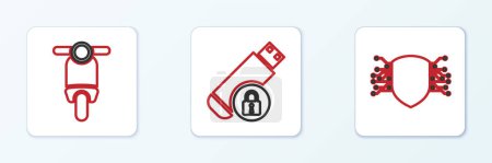 Téléchargez les illustrations : Définir la ligne Cyber sécurité, Scooter et clé USB avec icône de verrouillage. Vecteur - en licence libre de droit