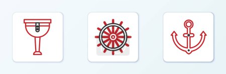 Illustration for Set line Anchor, Wooden pirate leg and Ship steering wheel icon. Vector - Royalty Free Image