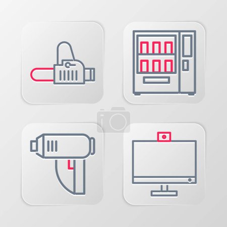 Illustration for Set line Computer monitor, Electric industrial dryer, Vending machine and Chainsaw icon. Vector - Royalty Free Image