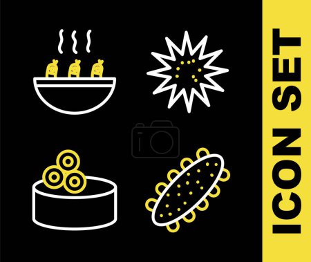 Téléchargez les illustrations : Set line Oursin de mer, concombre, boîte de conserve avec icône de caviar et crevettes soupe. Vecteur - en licence libre de droit