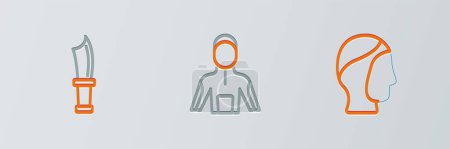 Illustration for Set line Diving hood, knife and Wetsuit for scuba diving icon. Vector - Royalty Free Image