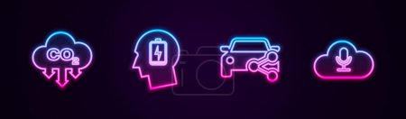 Illustration for Set line CO2 emissions in cloud, Head with low battery, Car sharing and Music streaming service. Glowing neon icon. Vector. - Royalty Free Image
